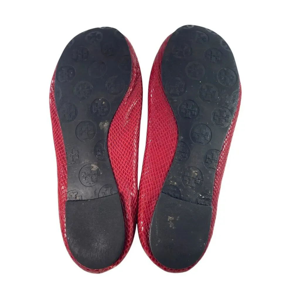 Tory Burch Red Snakeskin Reva Ballet Flats Gold Logo Medallion Elastic Size 10M